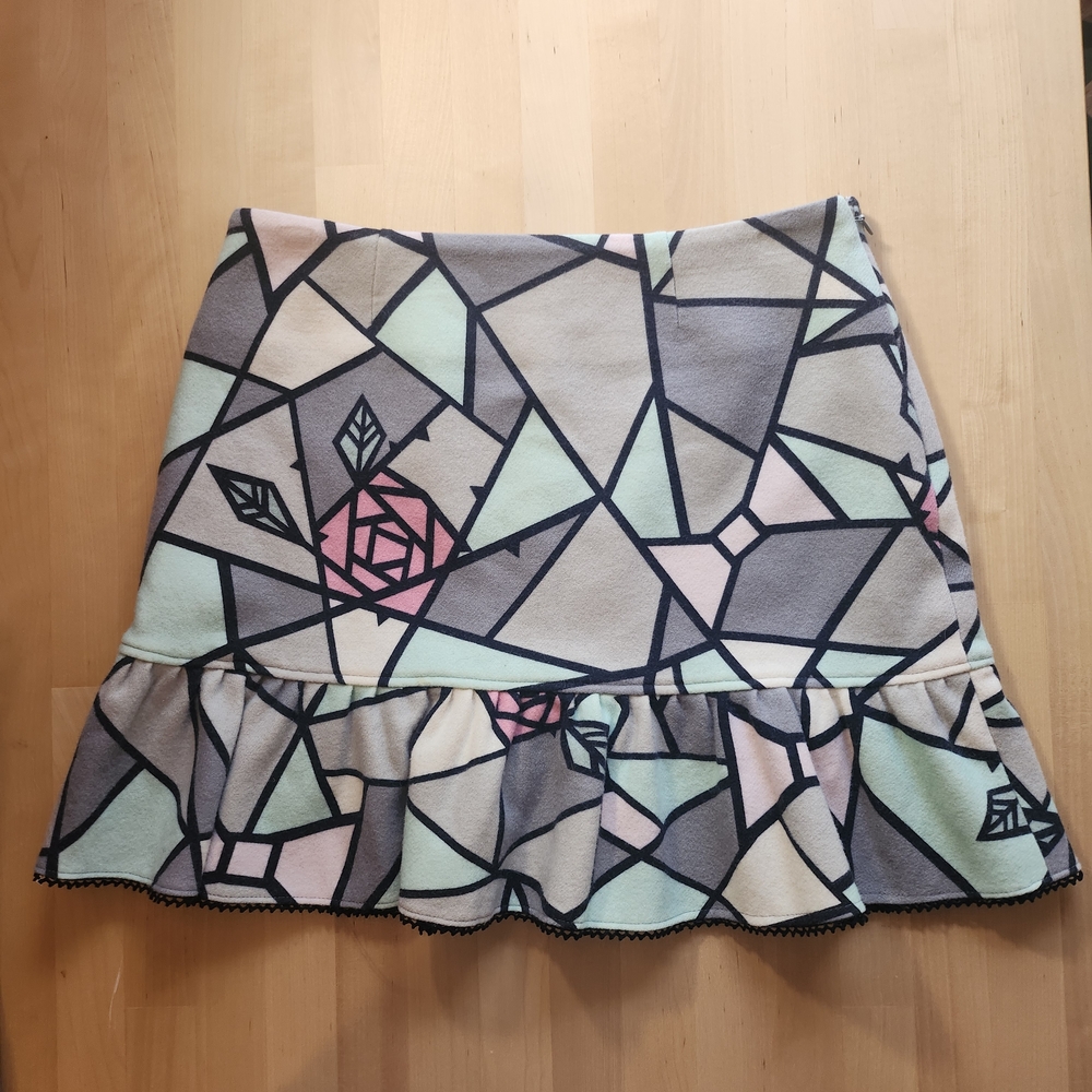 MILK J-Fashion Rose Stained Glass Mini Skirt Ruffle Lace Trim Gray/Mint/Pink